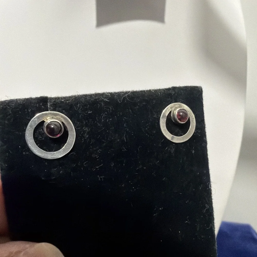 Vintage Hammered Handmade Red Ruby Stud Earrings Birthday Gift